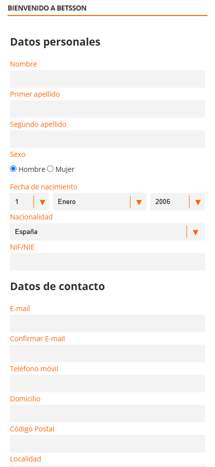 Betsson Registration Spain (Mobile screen), olybet-site.com