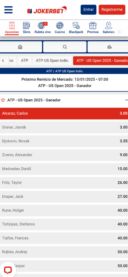 Jokerbet - Apuestas al ganador de torneo (pantalla móvil)