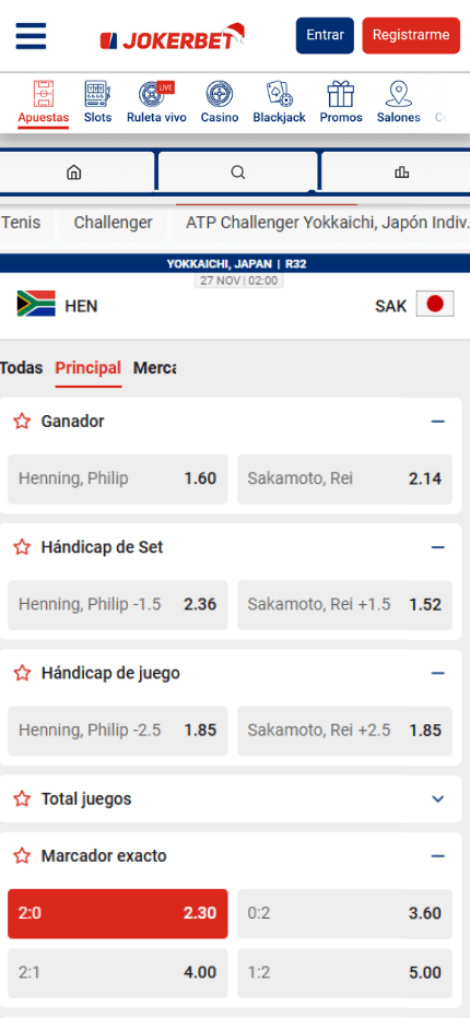 Jokerbet - Apuestas al resultado exacto (pantalla móvil)