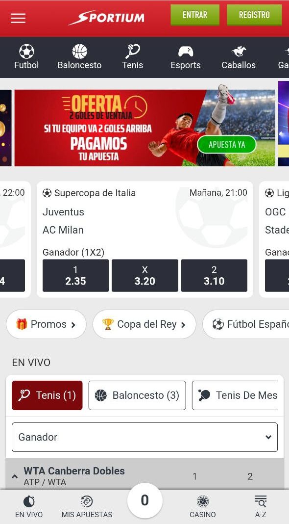 Página principal de apuestas deportivas en Sportium