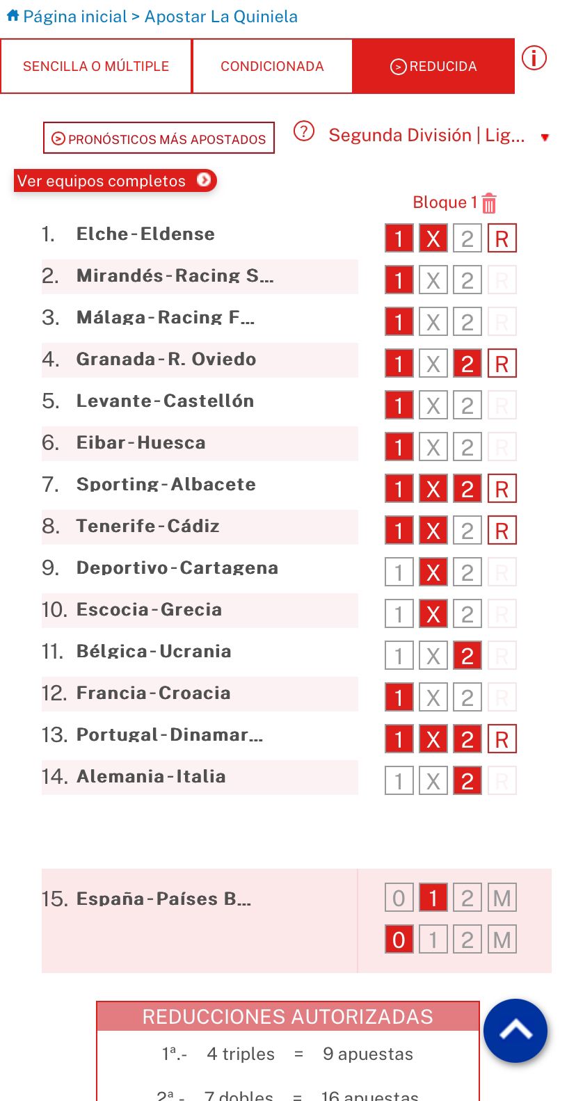 Apuesta reducida en la Quiniela desde movil