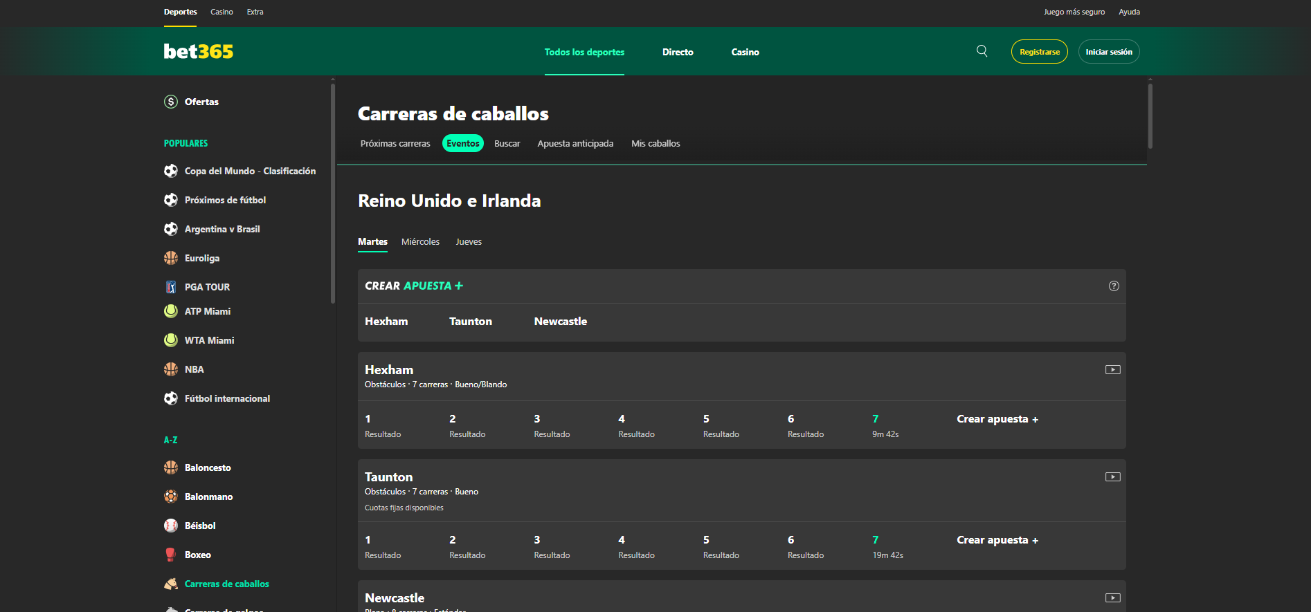 Apuestas de caballos en Bet365