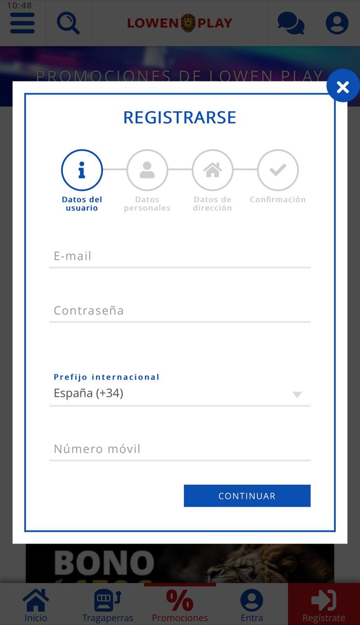 Formulario de registro en Lowen Play Casino