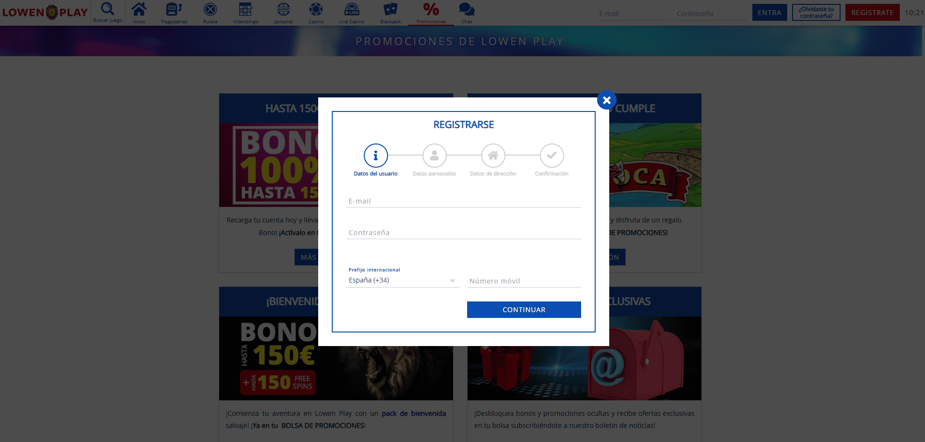 Formulario de registro en Lowen Play Casino