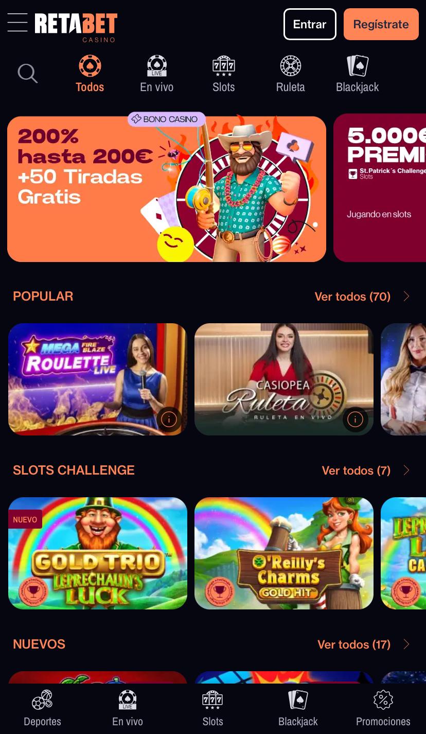 Página principal de Retabet Casino