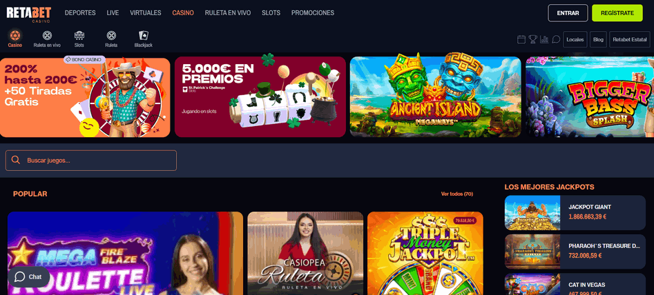 Página principa de Retabet Casino