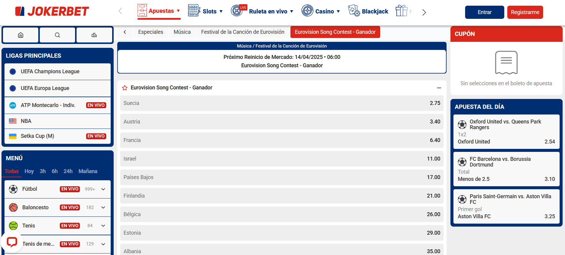 Apuestas Eurovision en JOKERBET