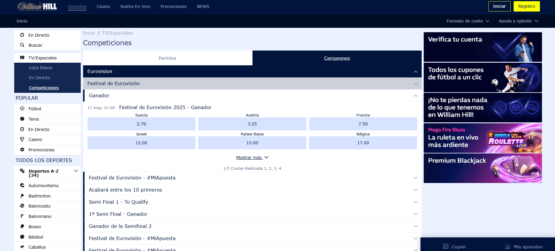 Apuestas de Eurovisión William Hill
