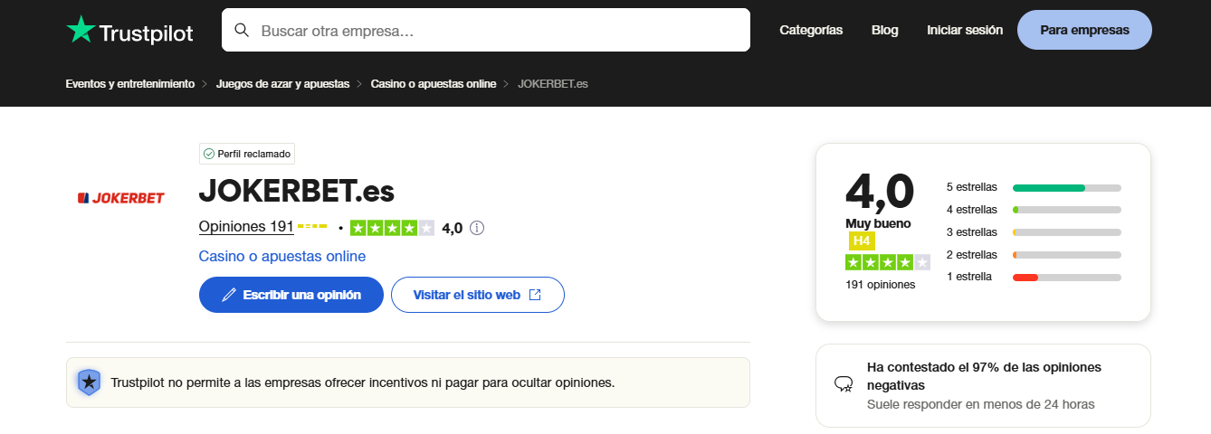 Opiniones de Jokerbet en Trustpilot